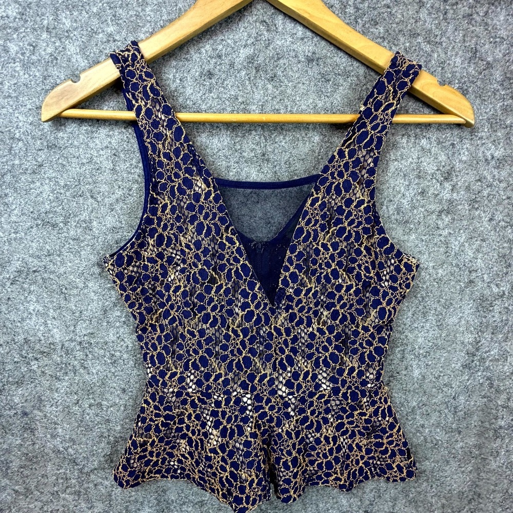 ASTR Peplum Top Women XS Blue Gold Lace Lined Rayon Plunge Neck Sleeveless Party